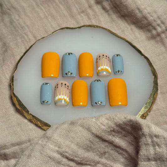 handmade burnt orange and blue-ish grey press on nails with golden chrome accents, reusable, custom handmade press on nails, easy at-home manicure