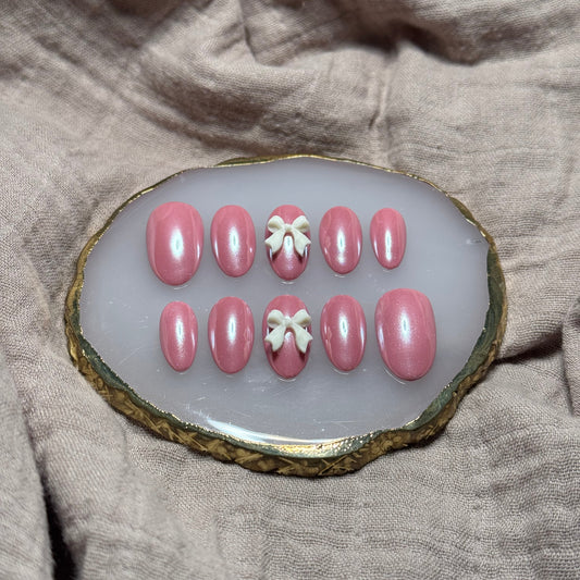 handmade pink chrome press on nails with ivory bow accent nails, reusable, custom handmade press on nails, easy at-home manicure