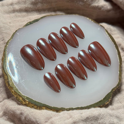 handmade brown chrome press on nails, long lasting, reusable, easy at-home mani