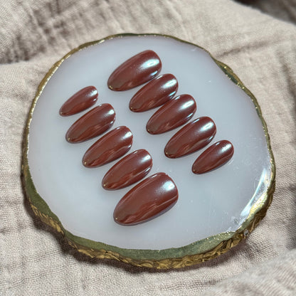 handmade brown chrome press on nails, salon quality, durable, reusable, easy at-home manicure