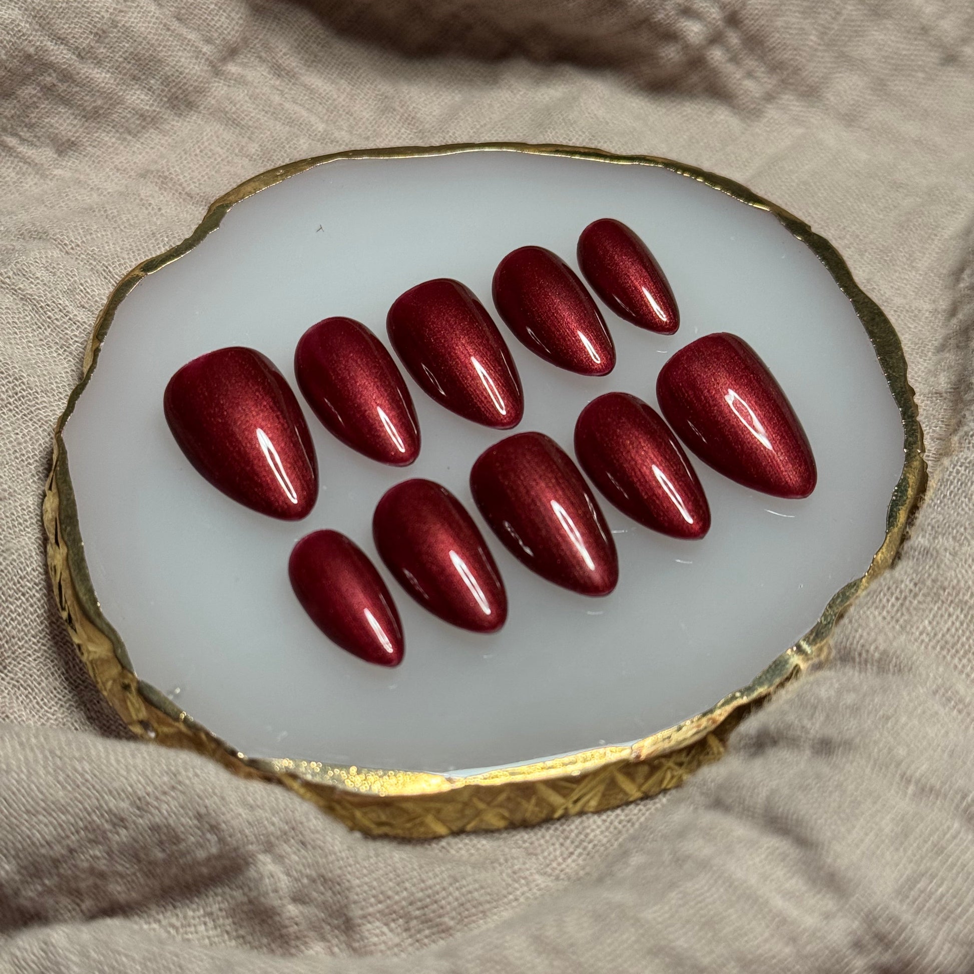 handmade shimmery red durable, reusable press on nails 
