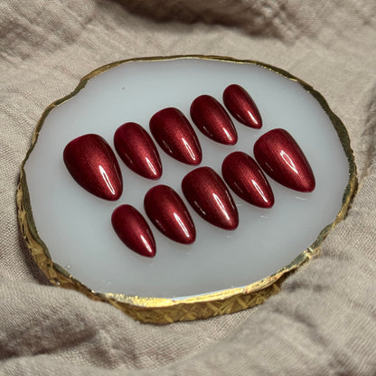 handmade shimmery red durable, reusable press on nails 