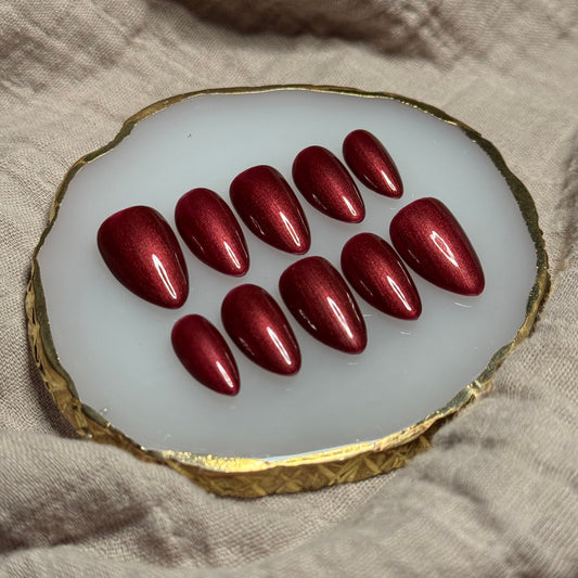 handmade shimmery red durable, reusable press on nails 
