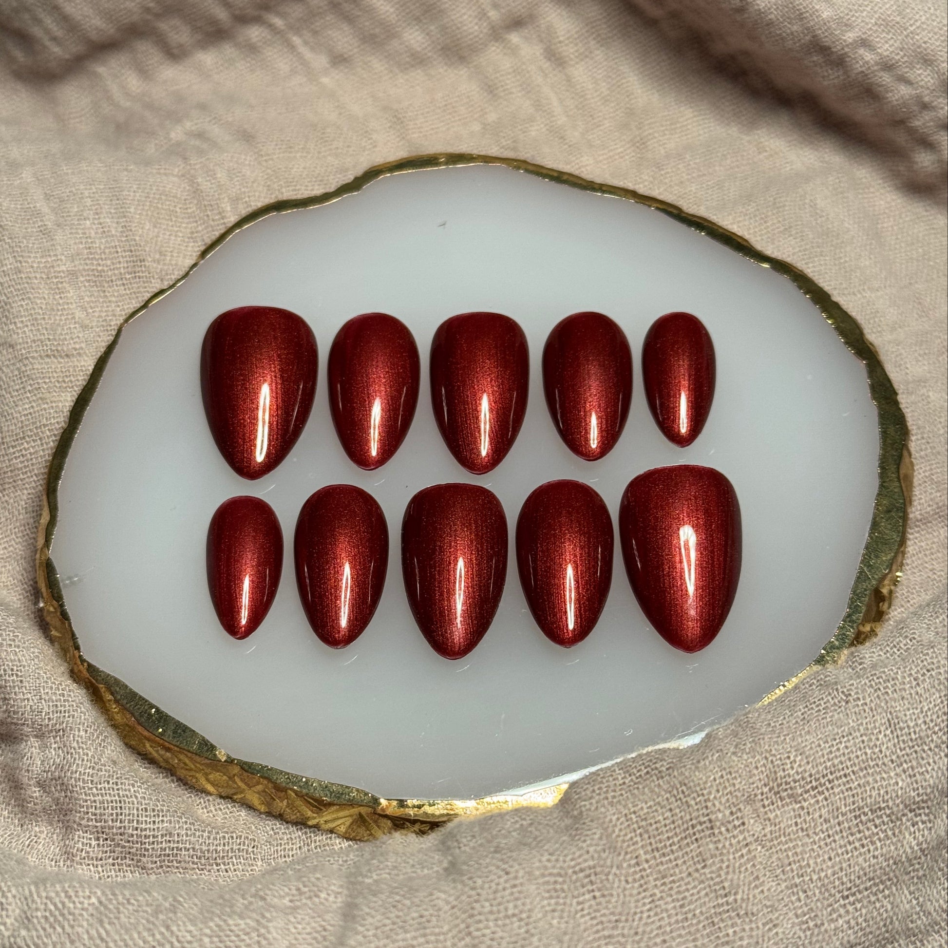 handmade red shimmery long lasting, reusable press on nails 