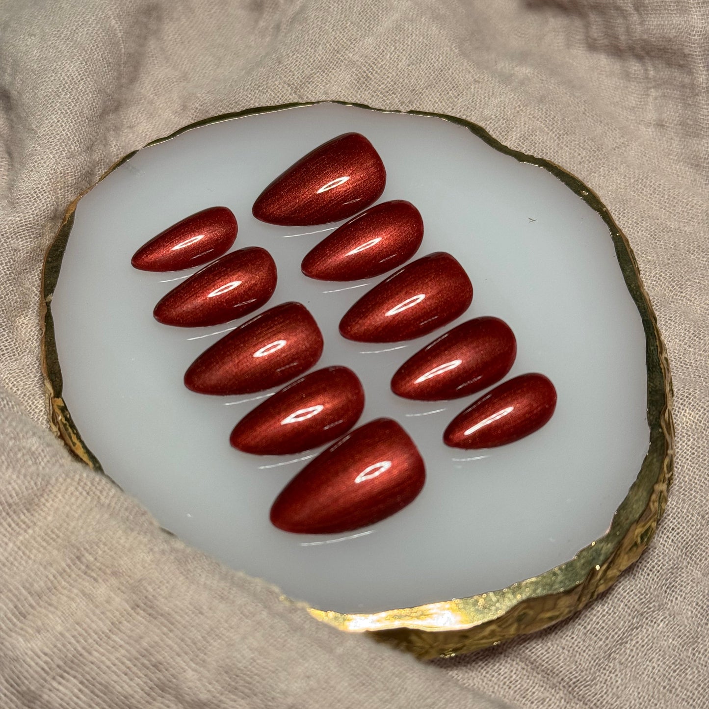 handmade shimmery red, salon quality, reusable press on nails 