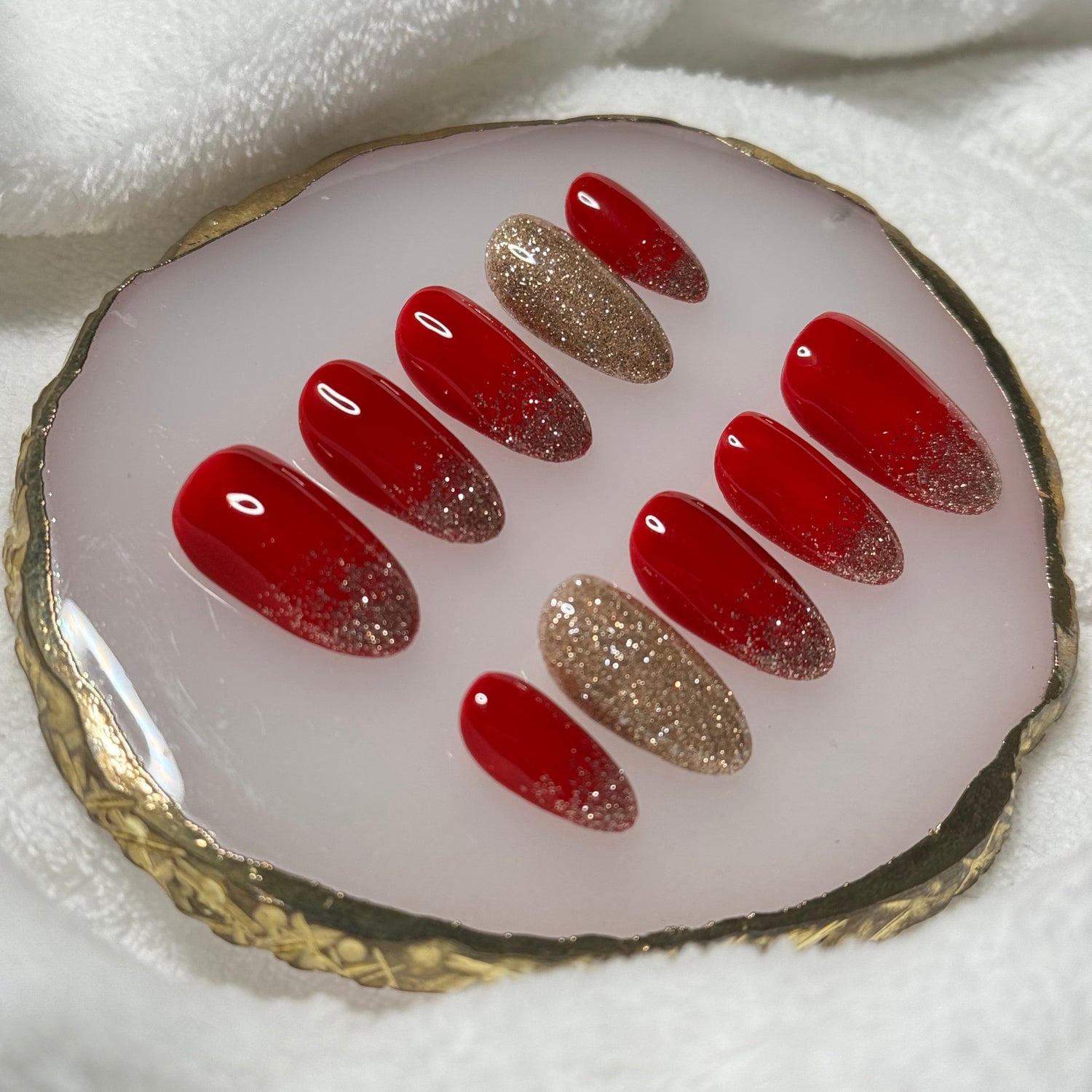 handmade holiday red press on nails with golden sparkly accents, reusable, custom handmade nails