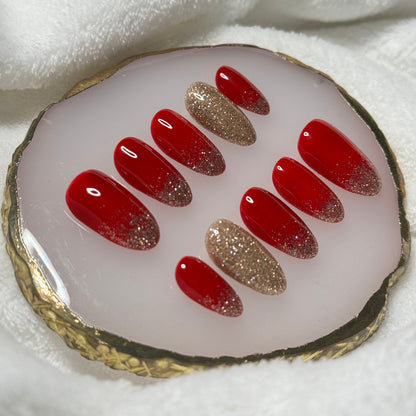 handmade holiday red press on nails with golden sparkly accents, reusable, custom handmade nails