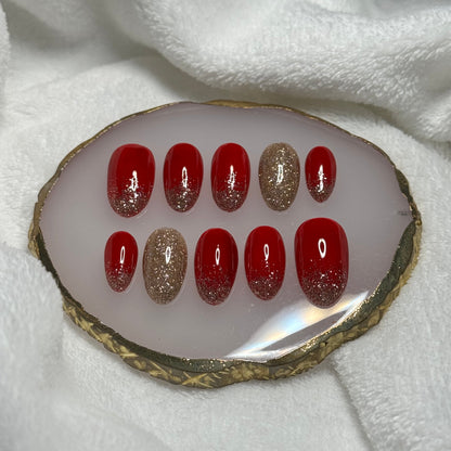 handmade holiday red press on nails with golden sparkly accents, salon quality, custom handmade nails